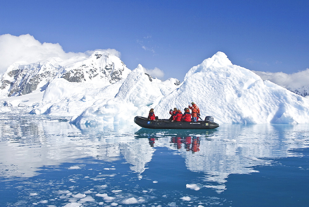 The Lindblad expedition ship National Geographic Endeavour operating with it's fleet of Zodiacs operating in and around the Antarctic peninsula, Antarctica.