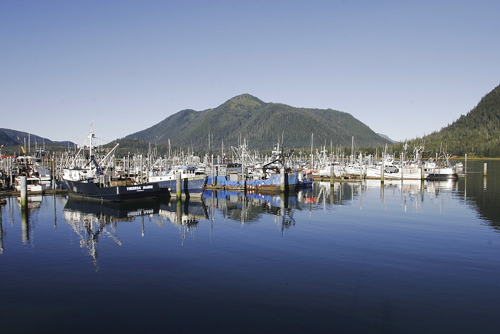 A view of the harbor in the town of Petersburg, Southeast Alaska. No model or property releases.