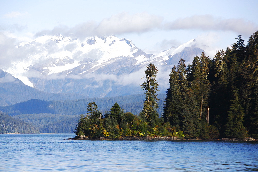 A view of the cloud covered mountains just outside Petersburg in Southeast Alaska, USA.