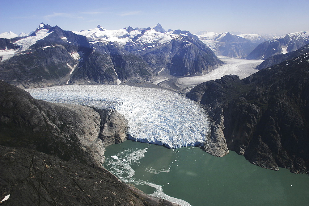 Aerial view of the Le Conte and Patterson Glaciers, the Stikine Ice Field, and the mountains surrounding the town of Petersburg, Southeast Alaska, USA.