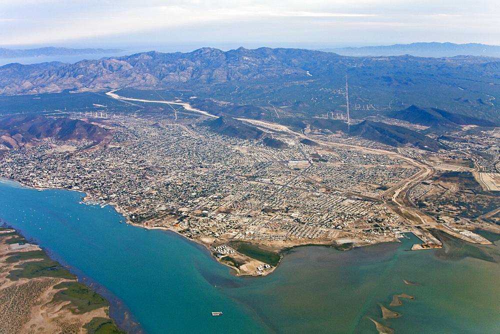 Aerial view of the capital city La Paz, Baja California Sur, Mexico taken from a commercial Aero Mexico flight.