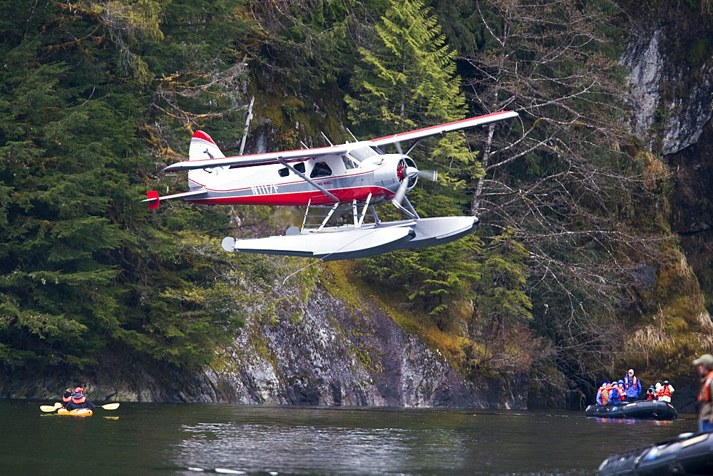 Float Planes operating in southeast Alaska, USA, Pacific Ocean. The float plane is one of the most common ways to travel in the calm waters of the inside passage and throughout Alaska.