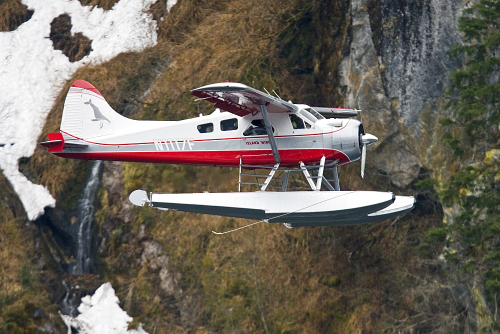 Float Planes operating in southeast Alaska, USA, Pacific Ocean. The float plane is one of the most common ways to travel in the calm waters of the inside passage and throughout Alaska.