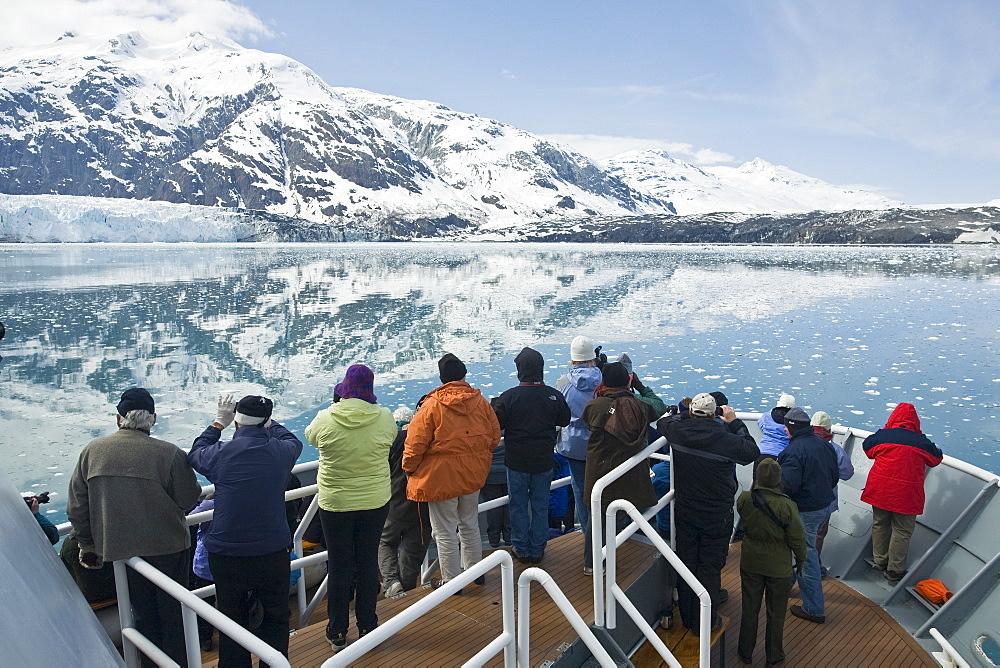 Views of Grand Pacific glacier from on board the Lindblad Expedition vessel National Geographic Sea Lion in Glacier Bay National Park, Southeast Alaska, USA. Pacific Ocean.