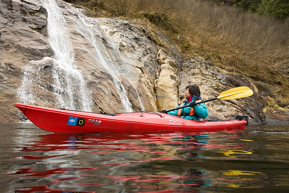 Lindblad Expedition guests and staff from the National Geographic Sea Lion kayaking in Southeast Alaska, USA in the late spring.