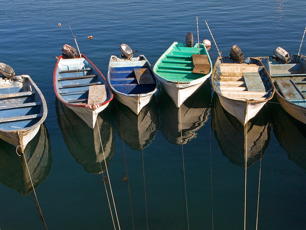 Mexican fishing boats called pangas in the port town of Santa Rosalia, Baja California Sur, on the Baja Peninsula, Mexico.