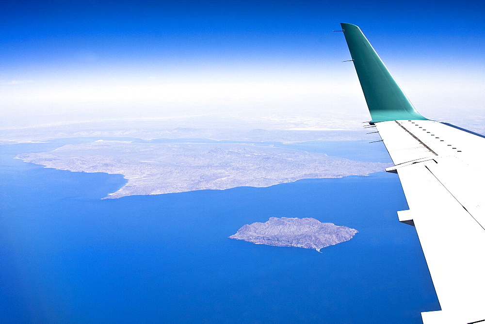 Aerial view of Isla San Esteban (foreground) and Isla Tiburon - the largest island in the Gulf of California (Sea of Cortez), Sonora, Mexico taken from a commercial flight. 