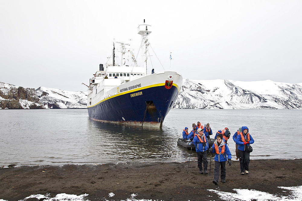 The Lindblad Expedition ship National Geographic Endeavour operating in Whalers Bay inside the caldera of Deception Island in the South Shetland Islands, Antarctica