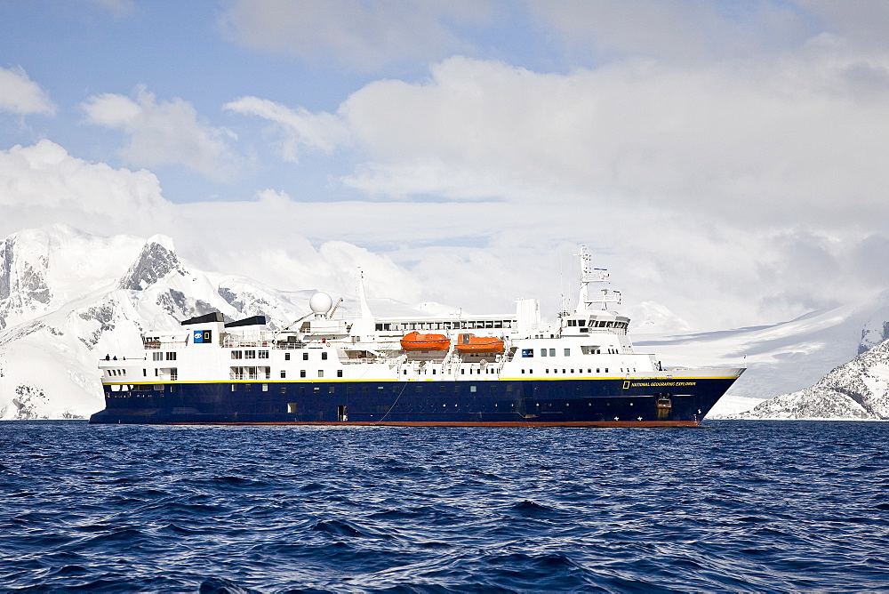 The Lindblad Expedition ship National Geographic Explorer operating in and around the Antarctic peninsula in Antarctica