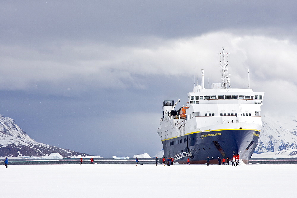 The Lindblad Expedition ship National Geographic Explorer operating in and around the Antarctic peninsula in Antarctica