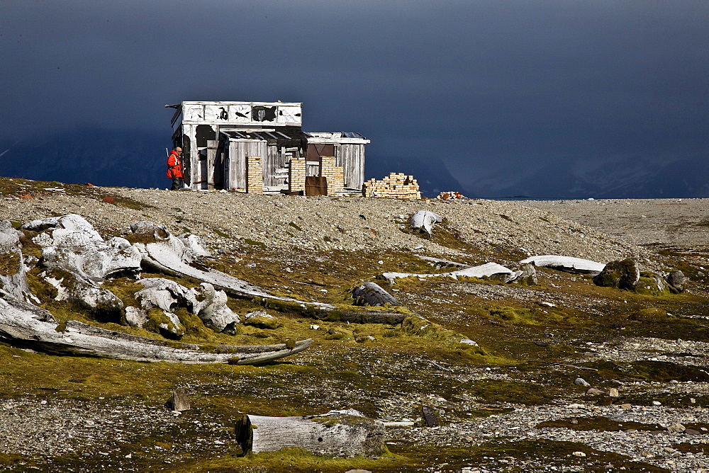 A view of the abandoned bowhead whaling station with bones strewn about in Hornsund (Horn Sound) on the southwestern side of Spitsbergen Island in the Svalbard Archipelago, Barents Sea, Norway.