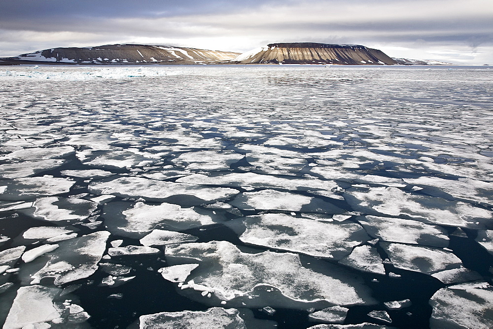 Open leads surrounded by multi-year ice floes in the Barents Sea between EdgeÃ¸ya (Edge Island) and Kong Karls Land in the Svalbard Archipelago, Norway.