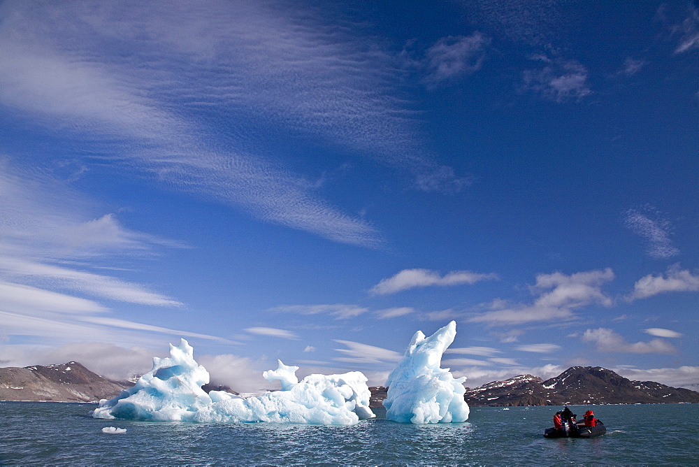 Calved icebergs from the glaciers at BlomstrandhalvÃ¸ya in Kongsfjord on the western side of Spitsbergen in the Svalbard Archipelago, Norway.