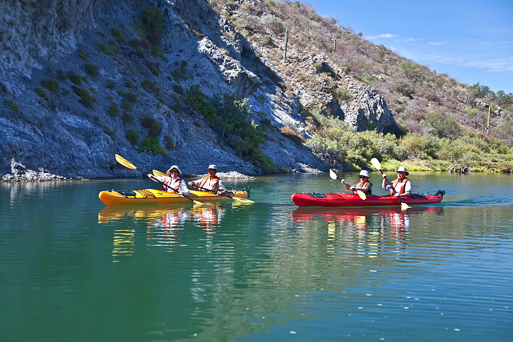 Kayaking in a brackish lagoon along the Baja Peninsula in the Gulf of California (Sea of Cortez), Baja California Norte, Mexico. No model or property releases for this image. 