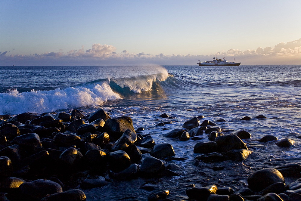 The Lindblad Expedition ship National Geographic Endeavour and its Zodiac fleet operating in the Galapagos Islands, Ecuador, Pacific Ocean.