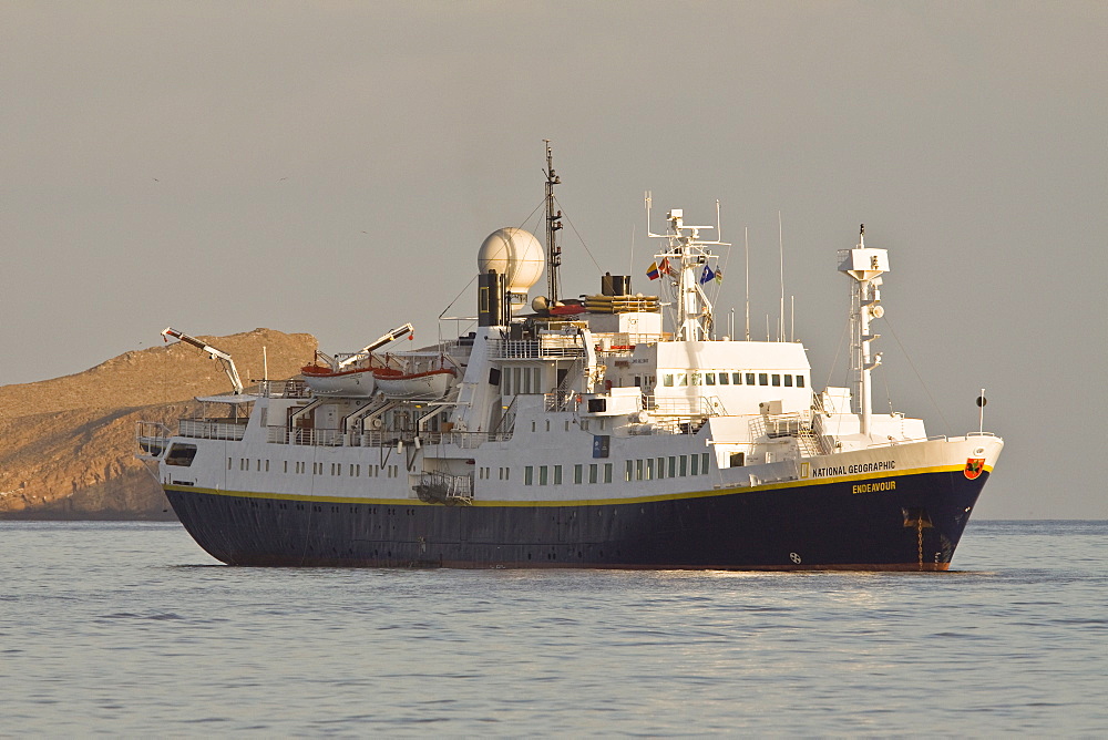 The Lindblad Expedition ship National Geographic Endeavour and its Zodiac fleet operating in the Galapagos Islands, Ecuador, Pacific Ocean.