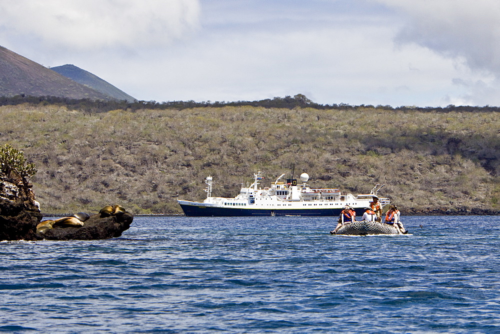 The Lindblad Expedition ship National Geographic Endeavour and its Zodiac fleet operating in the Galapagos Islands, Ecuador, Pacific Ocean.