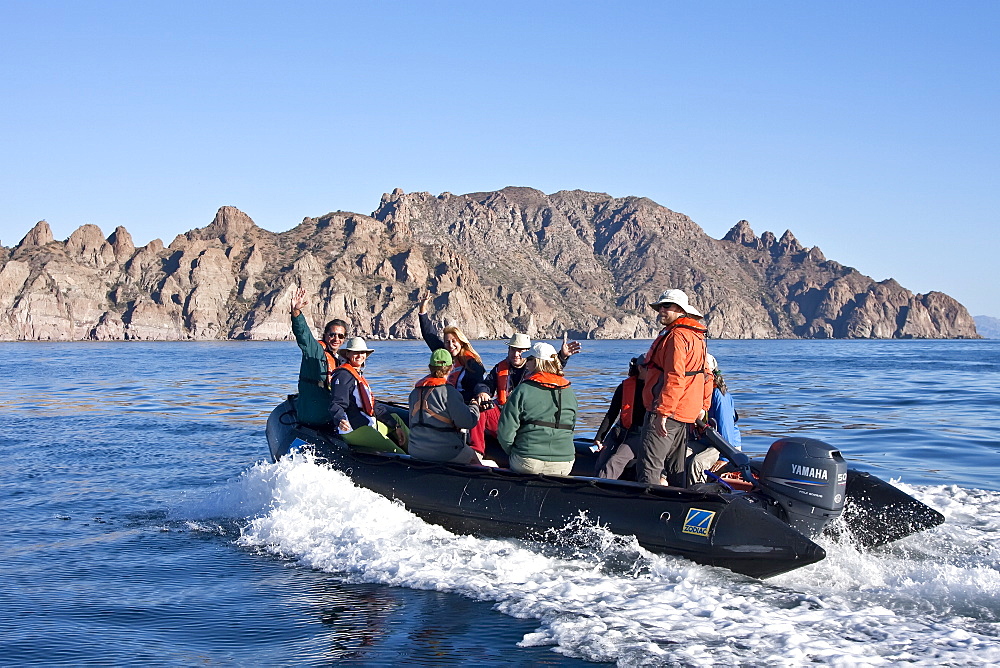 Zodiac from the Lindblad expedition ship National Geographic Sea Lion staff in the Gulf of California (Sea of Cortez) near the Baja Peninsula, Mexico.