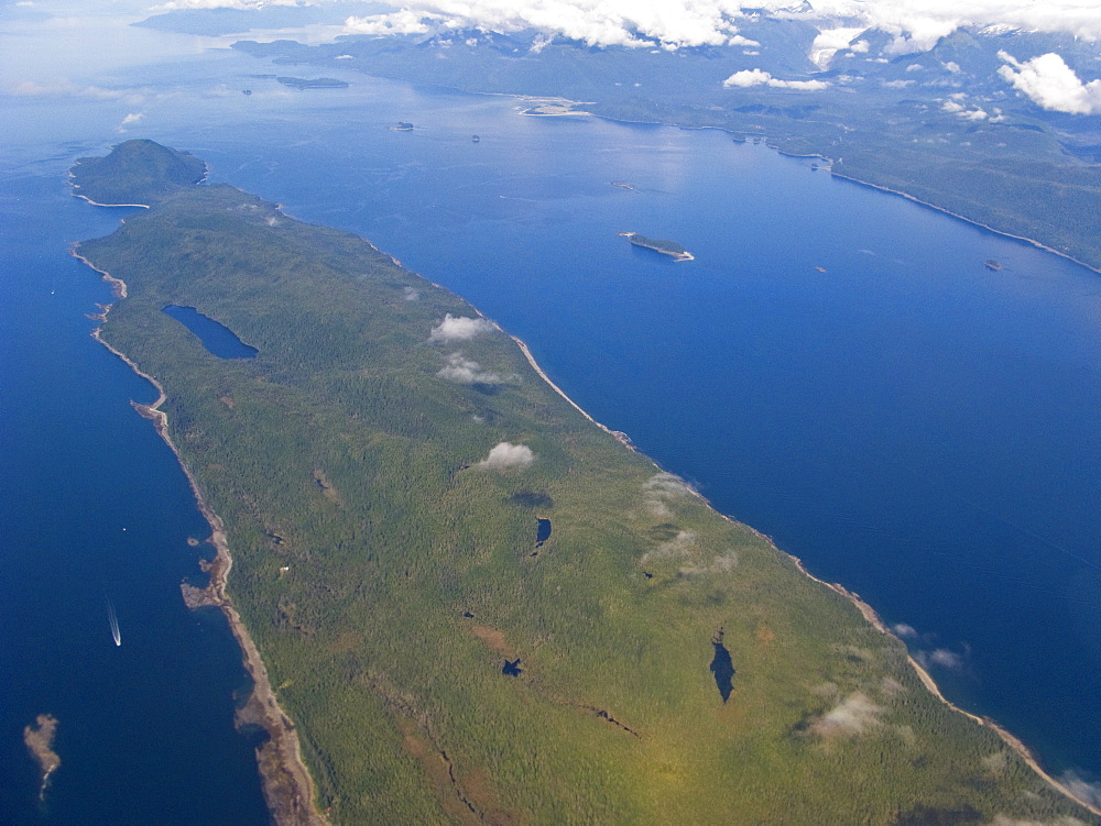 Aerial view of the Glass Peninsula just north of Juneau in Southeast Alaska, USA. Pacific Ocean.