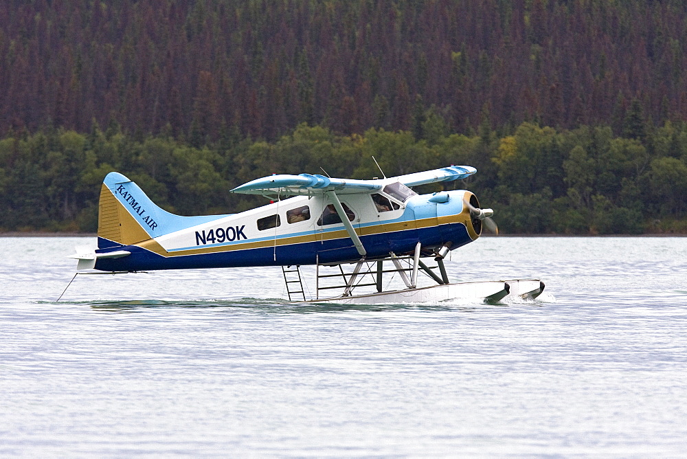 Small float planes being used to shuttle bear watchers between the town of King Salmon and a bear watching lodge at Brooks Camp in Katmai National Park, Alaska, USA. Pacific Ocean.