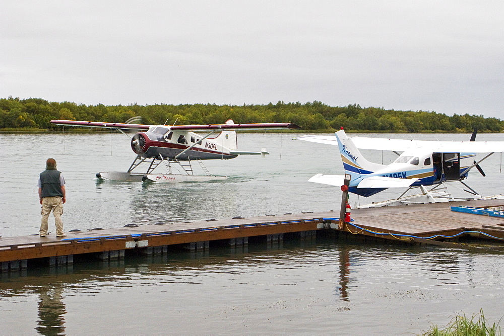 Small float planes being used to shuttle bear watchers between the town of King Salmon and a bear watching lodge at Brooks Camp in Katmai National Park, Alaska, USA. Pacific Ocean.