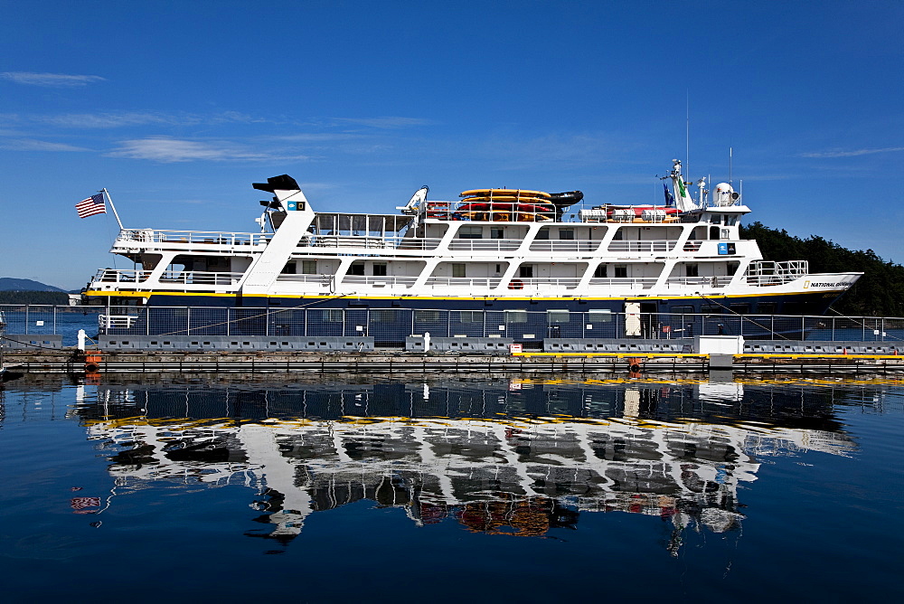 The Lindblad Expeditions ship National Geographic Sea Bird at dock in Friday Harbor on San Juan Island, Washington State, USA. No property or model release available for this image.