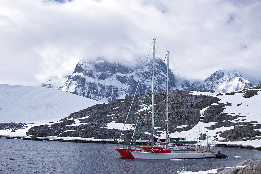 Private sailboats tied up at Alice Creek near Jougla Point, in Port Lockroy at the western end of Wiencke Island, Antarctica, Southern Ocean