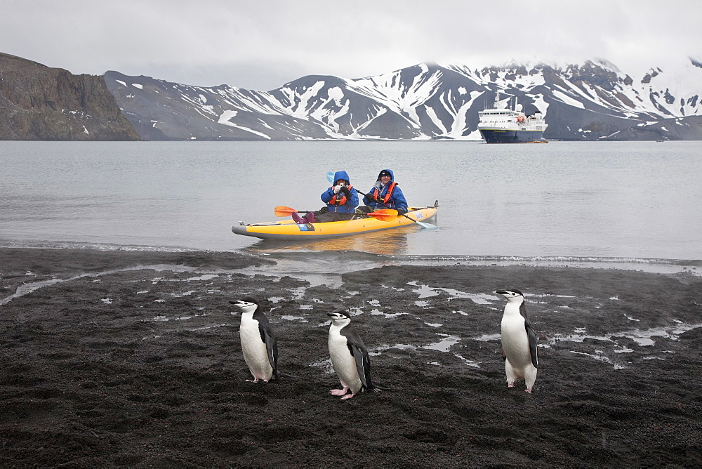 Guests from the Lindblad Expedition ship National Geographic Explorer kayaking in and around the Antarctic Peninsula in the summer months. 