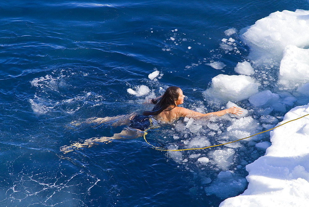 Guests from the Lindblad Expedition ship National Geographic Explorer take the Polar Plunge off ice floe in the Weddell Sea, Antarctica, Southern Ocean