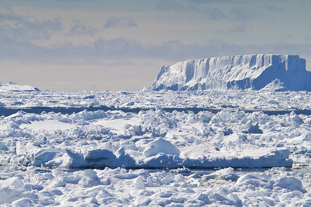 Huge tabular icebergs and smaller ice floes in the Weddell Sea, on the eastern side of the Antarctic Peninsula