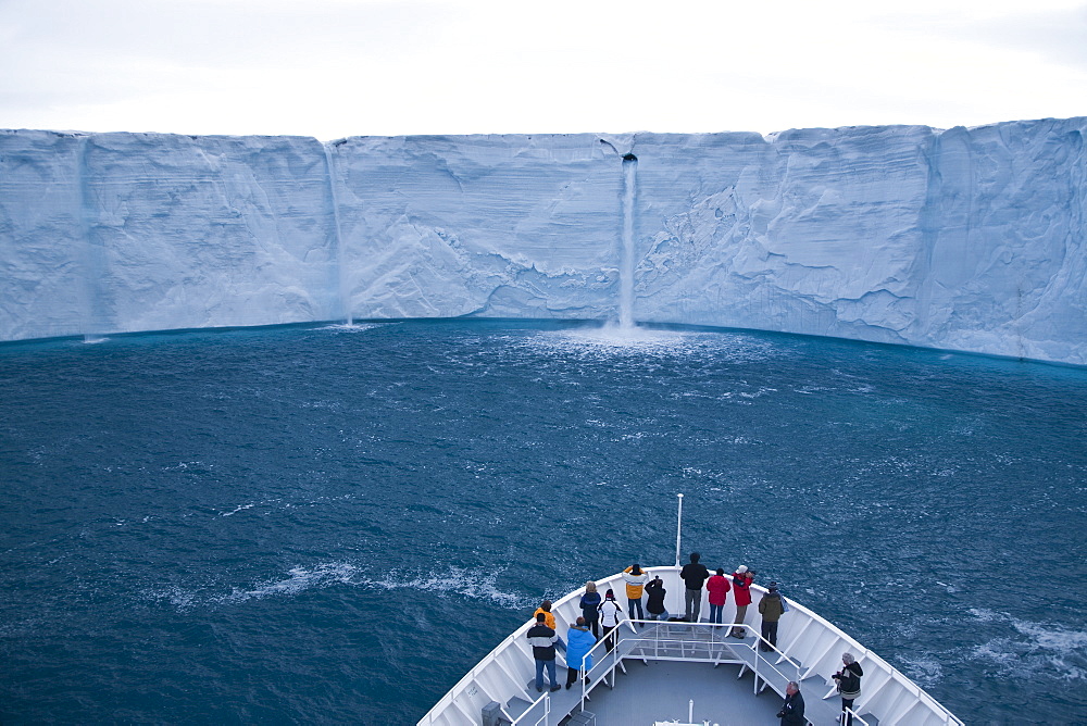 Views of Austfonna ice cap from the bow of the National Geographic Explorer, located on Nordaustlandet in the Svalbard archipelago in Norway