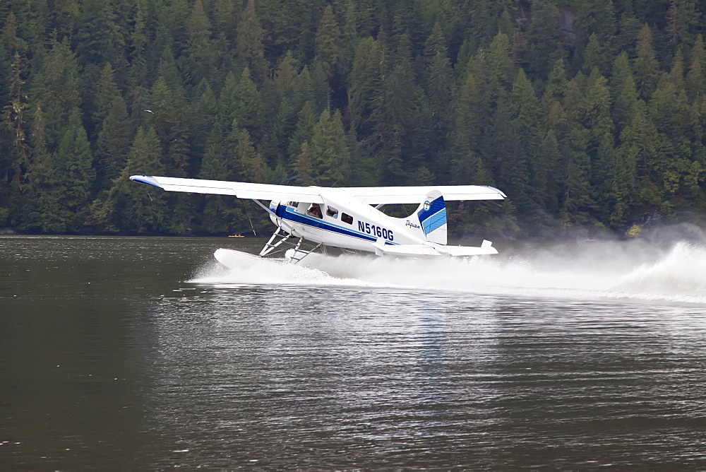 Float plane landing in Punchbowl, Misty Fjords National Monument, Southeast Alaska, USA, Pacific Ocean