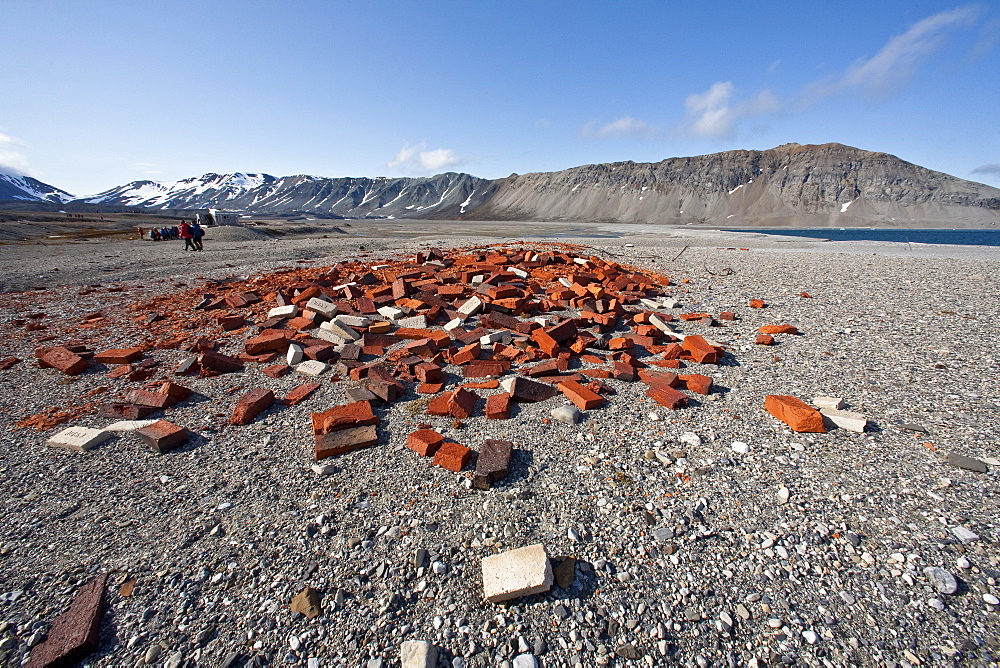 A view of the abandoned bowhead whaling station with bones strewn about in Hornsund (Horn Sound) on the southwestern side of Spitsbergen Island in the Svalbard Archipelago, Barents Sea, Norway.