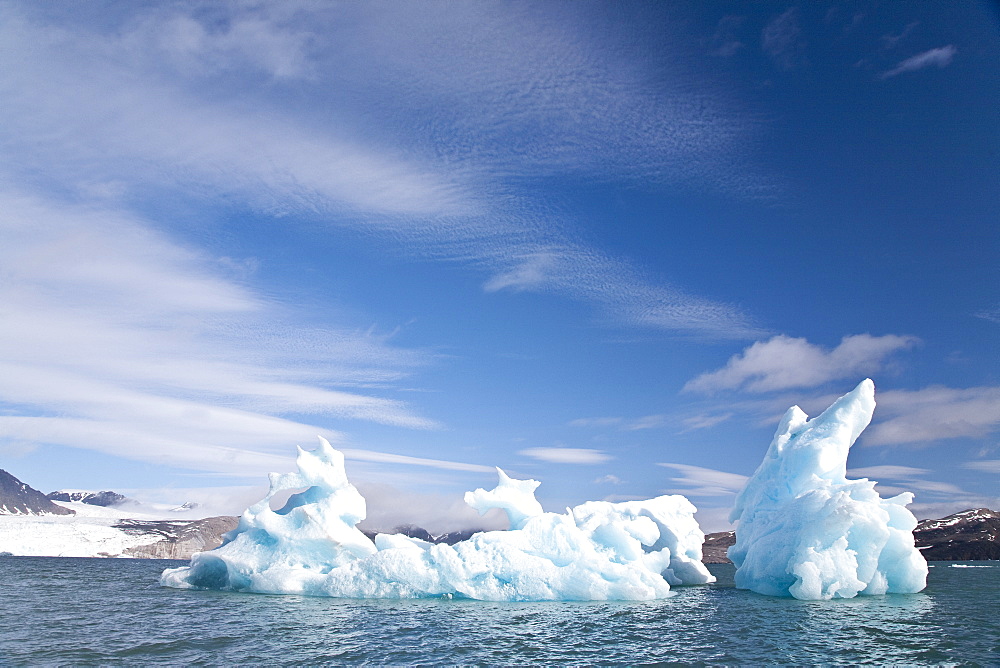 Calved icebergs from the glaciers at BlomstrandhalvÃ®ya in Kongsfjord on the western side of Spitsbergen in the Svalbard Archipelago, Norway.