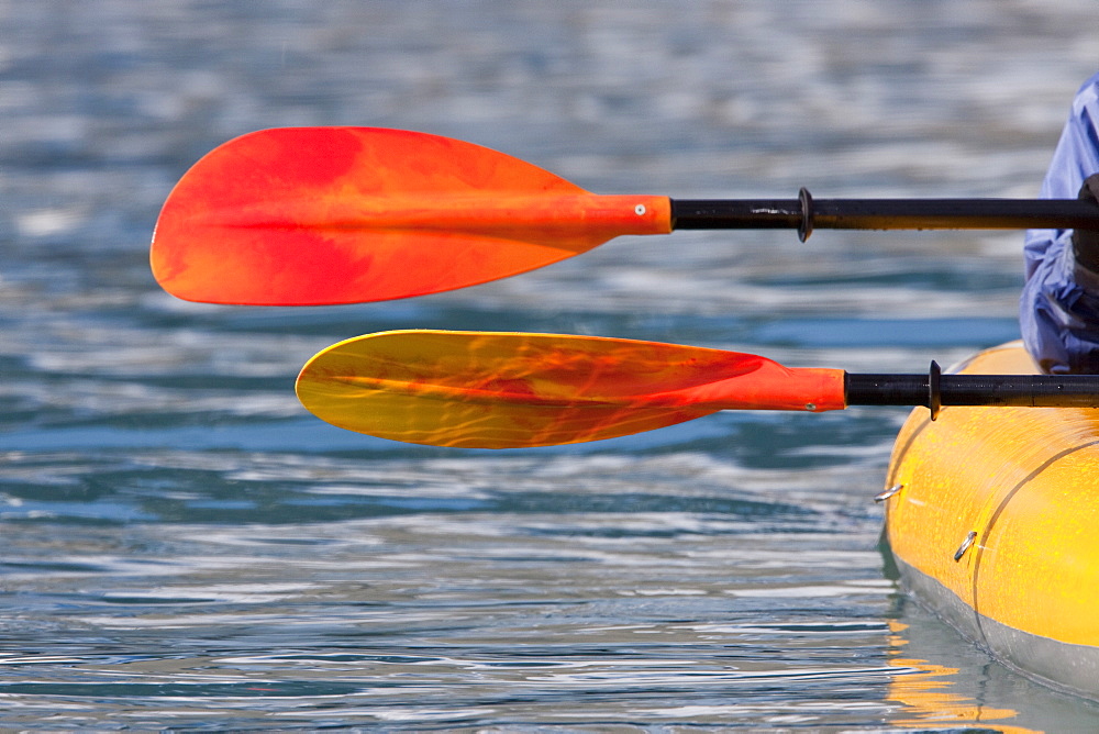 Guests from the Lindblad Expedition ship National Geographic Explorer kayaking near Monaco Glacier on Spitsbergen Island in the Svalbard Archipelago in the summer months. 