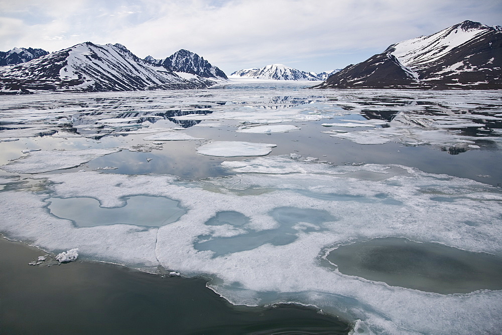 Approaching Monaco Glacier, in Liefdefjord near the northwest corner of Spitsbergen in the Svalbard Archipelago of Norway. 