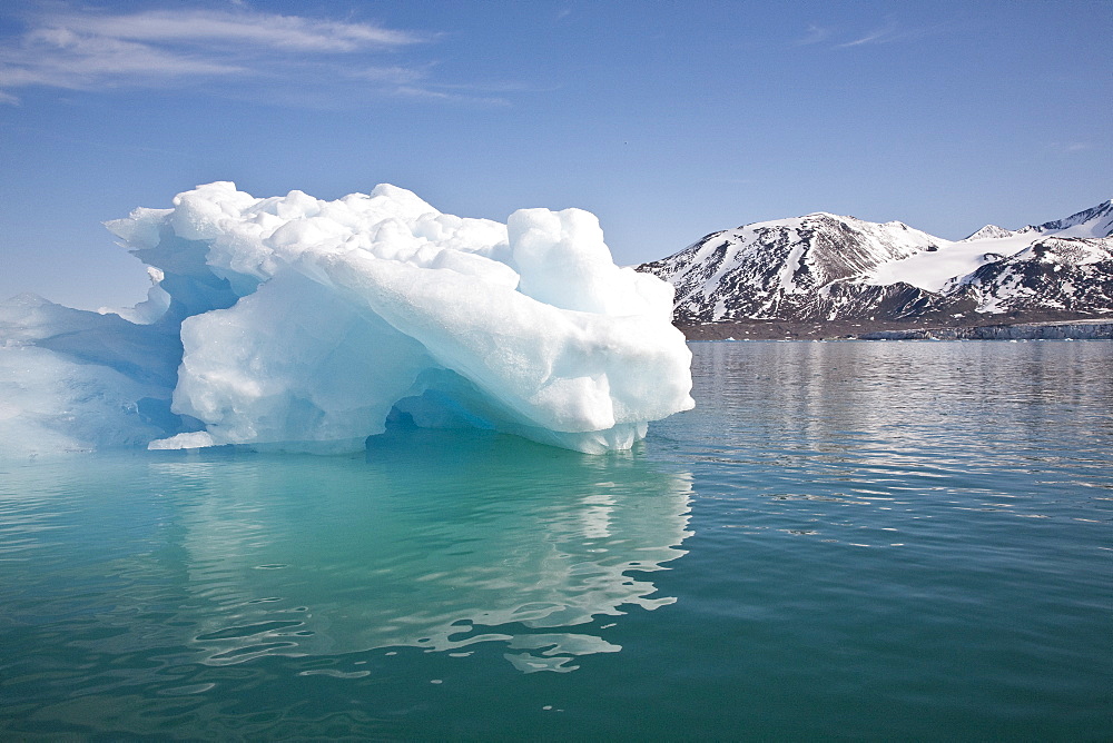 Approaching Monaco Glacier, in Liefdefjord near the northwest corner of Spitsbergen in the Svalbard Archipelago of Norway. 