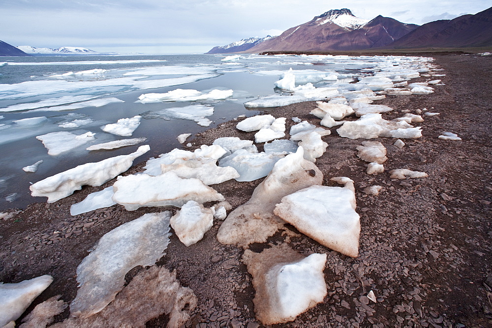 Scenic views of Woodfjord on the northern side of Spitsbergen in the Svalbard Archipelago of Norway. 