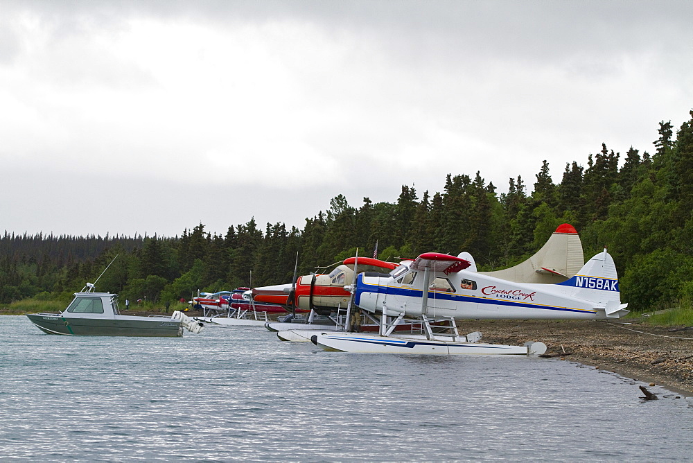 Float planes used to fly guests in to the Brooks Lodge and campground in Katmai National Park near Bristol Bay, Alaska, USA. Pacific Ocean