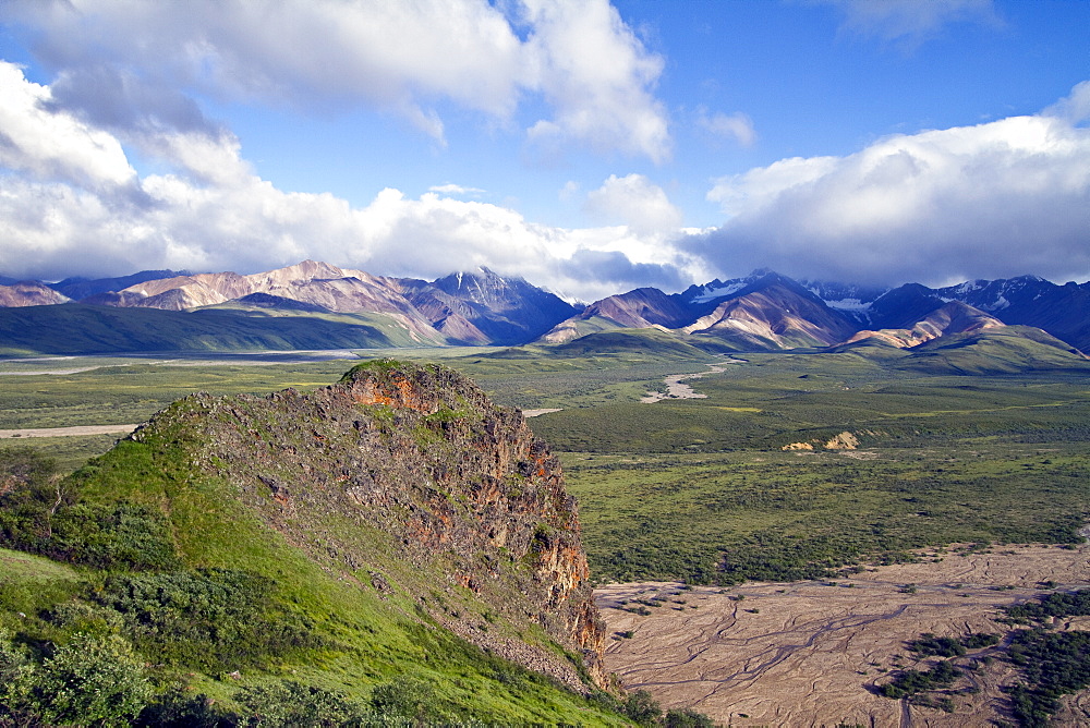 A view of the Polychrome (many-colored) Mountains from a lookout point on the park road inside Denali National Park and Preserve , Alaska, USA.  