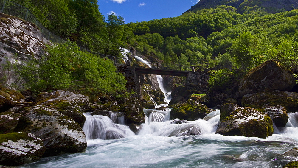 A panoramic view of the lake formed from water melting from the Briksdalsbreen glacier south of the small town of Olden in coastal Norway