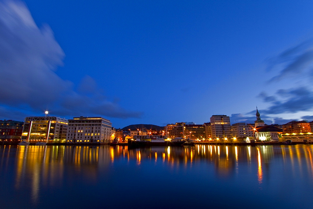 Views at night of the city of Bergen, Norway