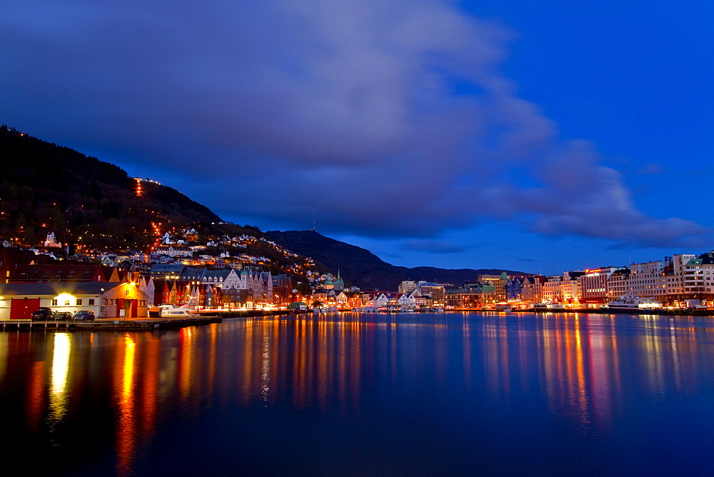 Views at night of the city of Bergen, Norway