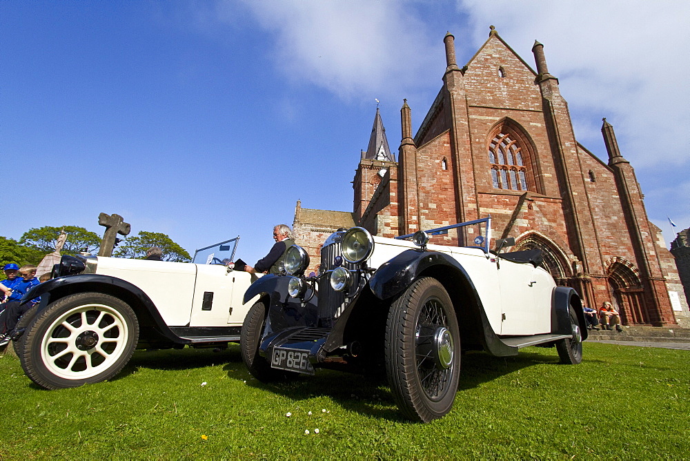 Car Rally at St Magnus Cathedral in Kirkwall Orkney Island, Scotland