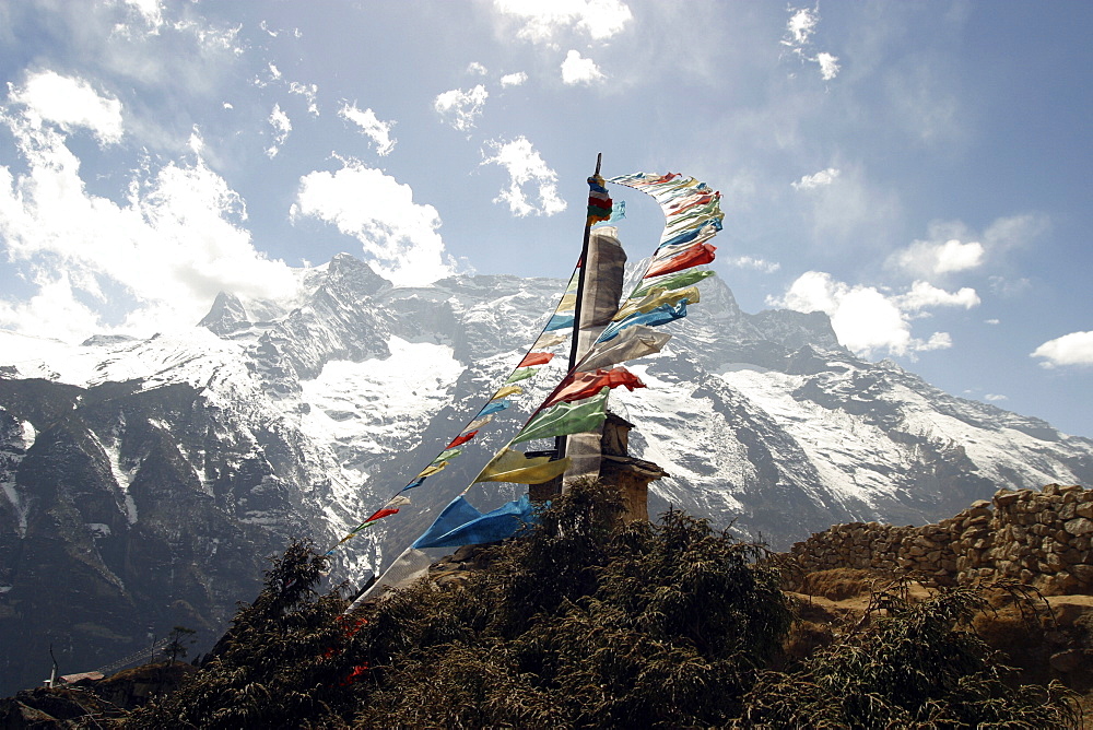 Everest Trail Scenic. Mountains, Prayer Flags, Stone prayer carvings.