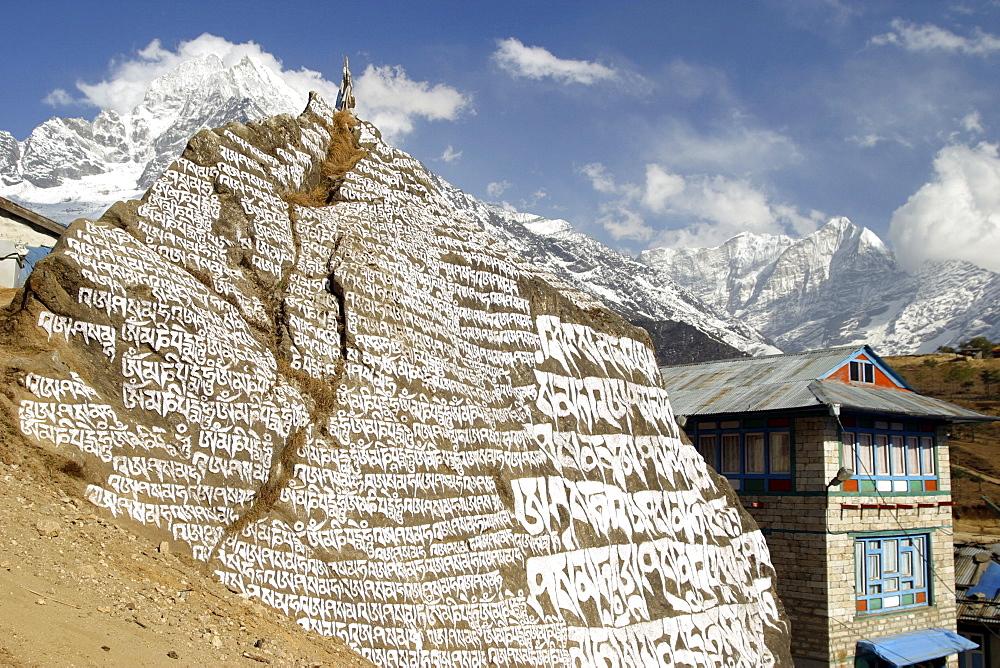 Everest Trail Scenic. Mountains, Prayer Flags, Stone prayer carvings.