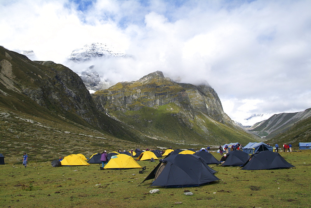 Mountain Campsite. Mountain and Clouds. Himalayas, Tibet.