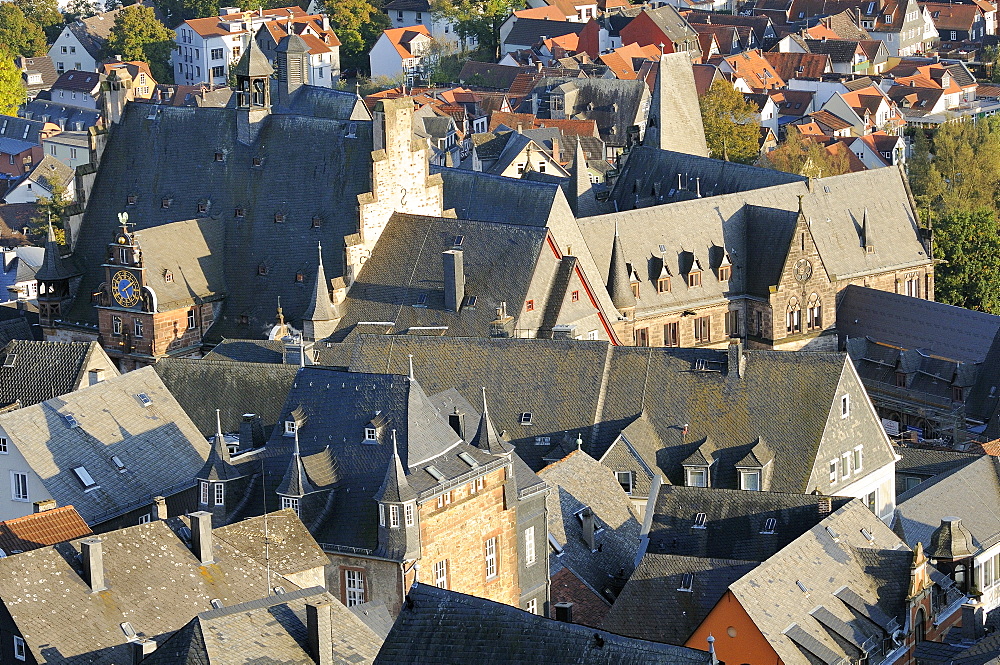 Rooftops of medieval buildings in Marburg, including the Town Hall and Old University, Marburg, Hesse, Germany, Europe