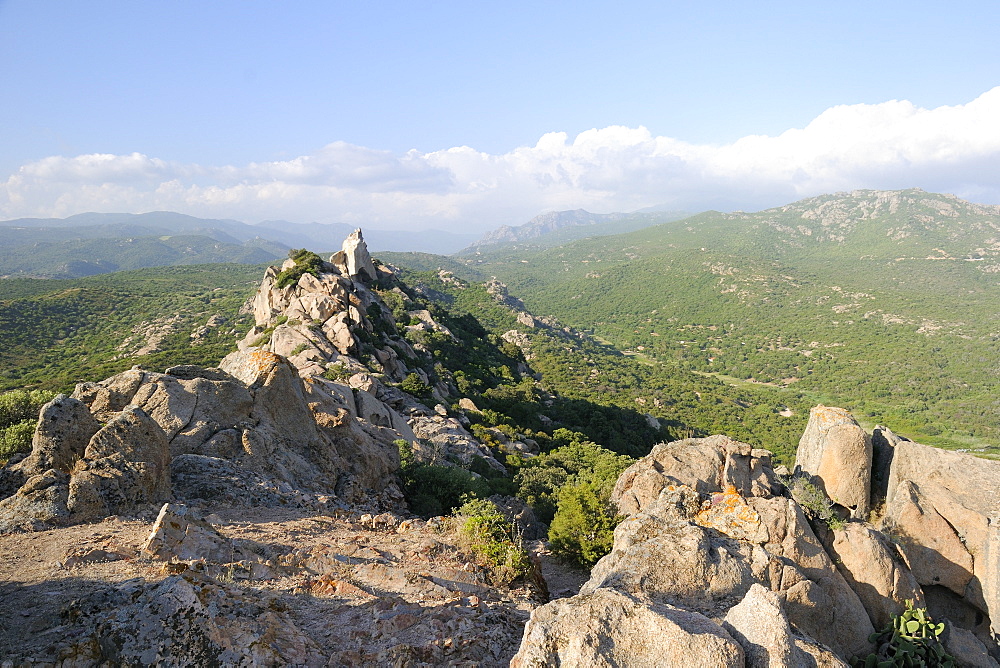 Rocher du Lion granite crags and maquis scrub covered Roccapina valley, southern Corsica, France, Europe