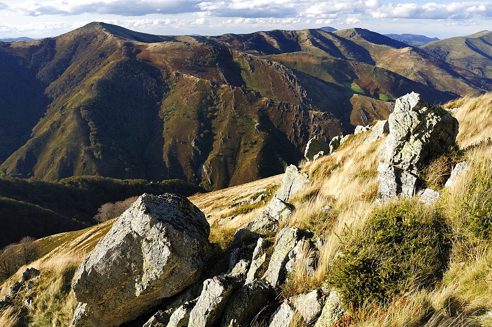 Pyreneean mountain ridges near Roncesvalles in late autumn, on the border of France and Spain, Europe